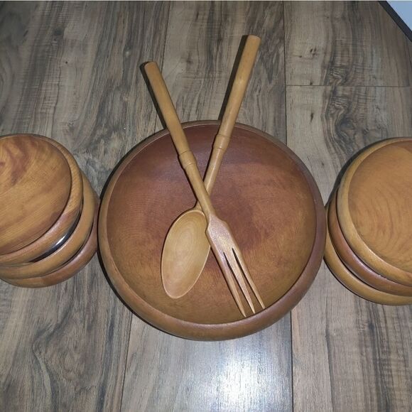 Hellerware Vintage Wooden Bowl With Fork And Spoon - Picture 5 of 10